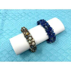 2 Handcrafted Vintage Beaded Bracelets From The 1990s In Blue & Earth Tones